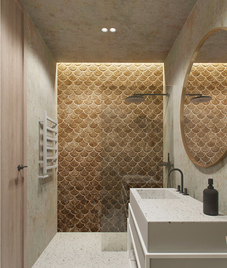 badkamers met inloopdouche terracotta schubben tegels