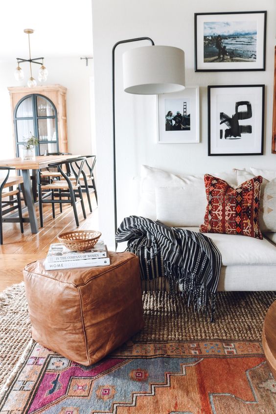 Cognac leren poef