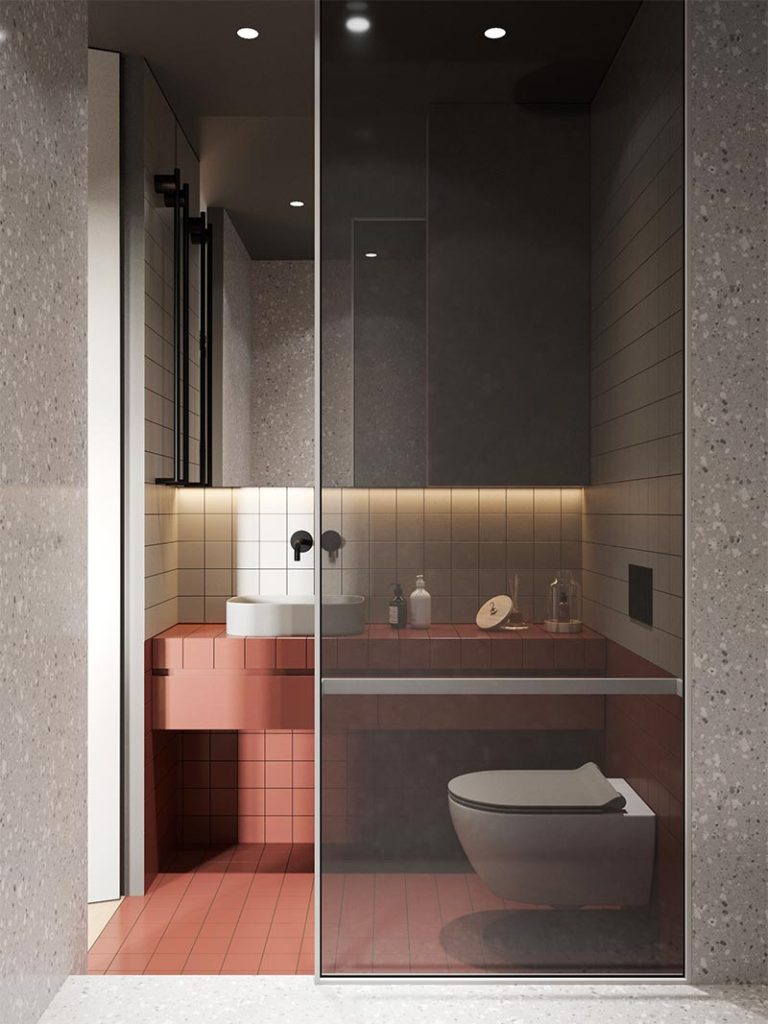 Cartelle Design heeft voor een grote spiegel op maat gekozen in het ontwerp van deze kleine luxe badkamer.