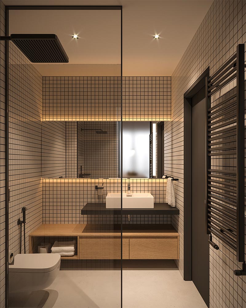 Bezmirno Architects combineerde inbouwspotjes in het plafond met sfeervolle verlichting in de grote spiegel voor een perfecte hotel chique ervaring.! Bezmirno Architectscombineerde inbouwspotjes in het plafond met sfeervolle verlichting in de grote spiegel voor een perfecte hotel chique ervaring.!