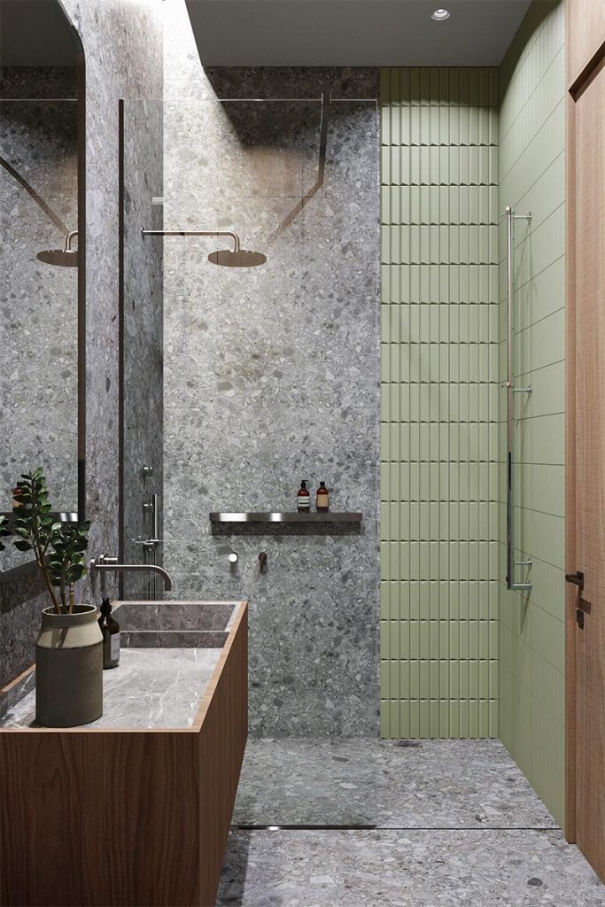 Naast een mooie zwevende wasmeubel van hout en natuursteen, vind je in de douche. ook een handig plankje aan de muur voor het opbergen van flesjes. - Een ontwerp van Zeworkroom | Visualisatie: Tasha Rizanova Naast een mooie zwevende wasmeubel van hout en natuursteen, vind je in de douche. ook een handig plankje aan de muur voor het opbergen van flesjes. - Een ontwerp van Zeworkroom | Visualisatie: Tasha Rizanova