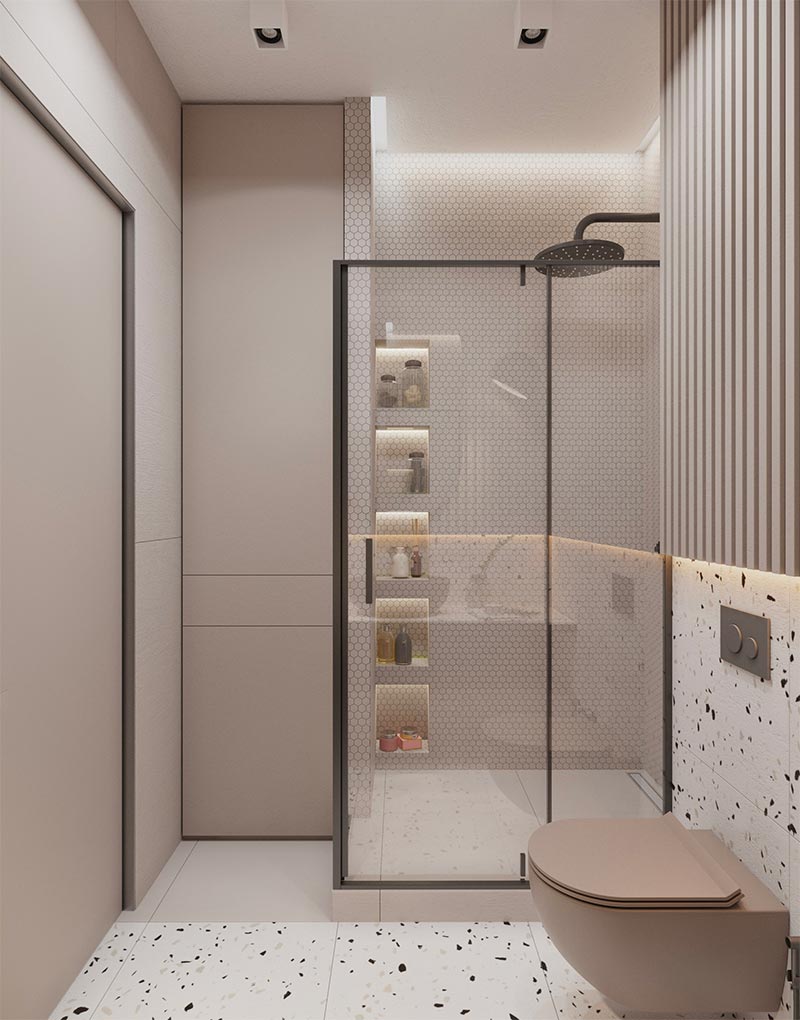 Katrin Stoiko gaf deze luxe kleine badkamer de ultieme kastruimte met een kast op maat tot aan het plafond. Katrin Stoiko gaf deze luxe kleine badkamer de ultieme kastruimte met een kast op maat tot aan het plafond.